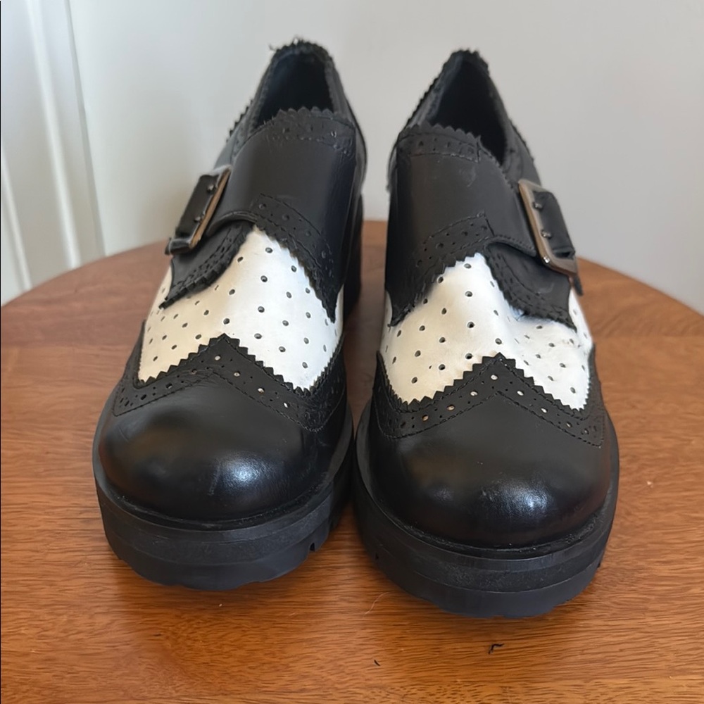 BC Footwear Black and White Perforated Buckle Shoes
